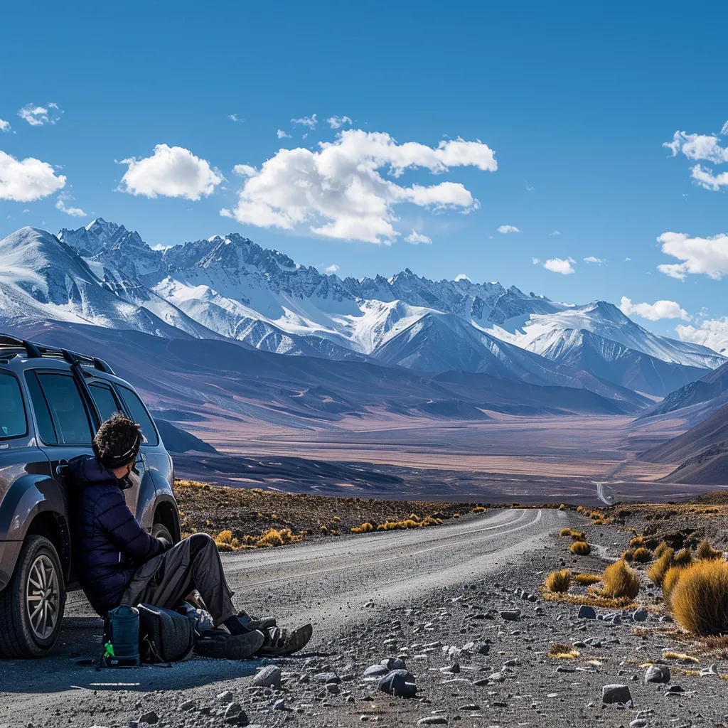 um viajante contemplativo faz uma pausa ao lado de um carro alugado em uma estrada montanhosa do chile, com os majestosos andes ao fundo sob um céu azul vibrante.