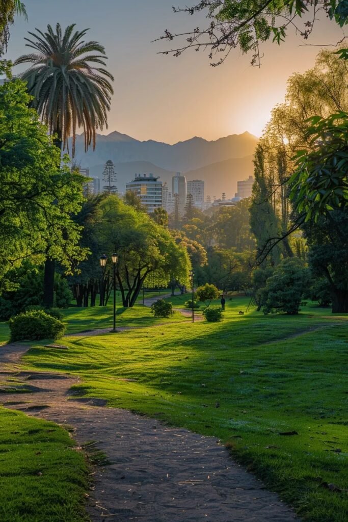 um sereno parque em santiago, com gramados verdes exuberantes, árvores frondosas e um mirante ao fundo, oferecendo vistas deslumbrantes dos andes sob a luz suave do pôr do sol.