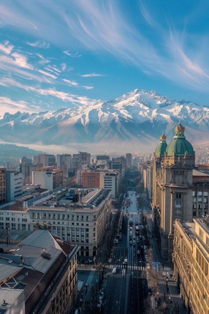 uma vista panorâmica deslumbrante de santiago, com o cerro san cristóbal ao fundo, destacando a vibrante plaza de armas e o elegante palácio de la moneda sob um céu azul radiante. uma vista panorâmica deslumbrante de santiago, com o cerro san cristóbal ao fundo, destacando a vibrante plaza de armas e o elegante palácio de la moneda sob um céu azul radiante.