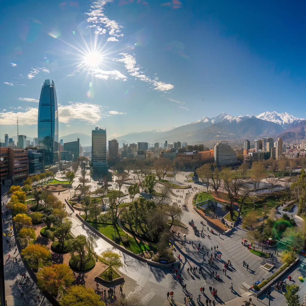 uma vista panorâmica do vibrante cenário turístico de santiago, chile, destacando o cerro san cristóbal e a plaza de armas, com os majestosos andes ao fundo sob uma iluminação natural brilhante que realça as cores ricas da cidade.