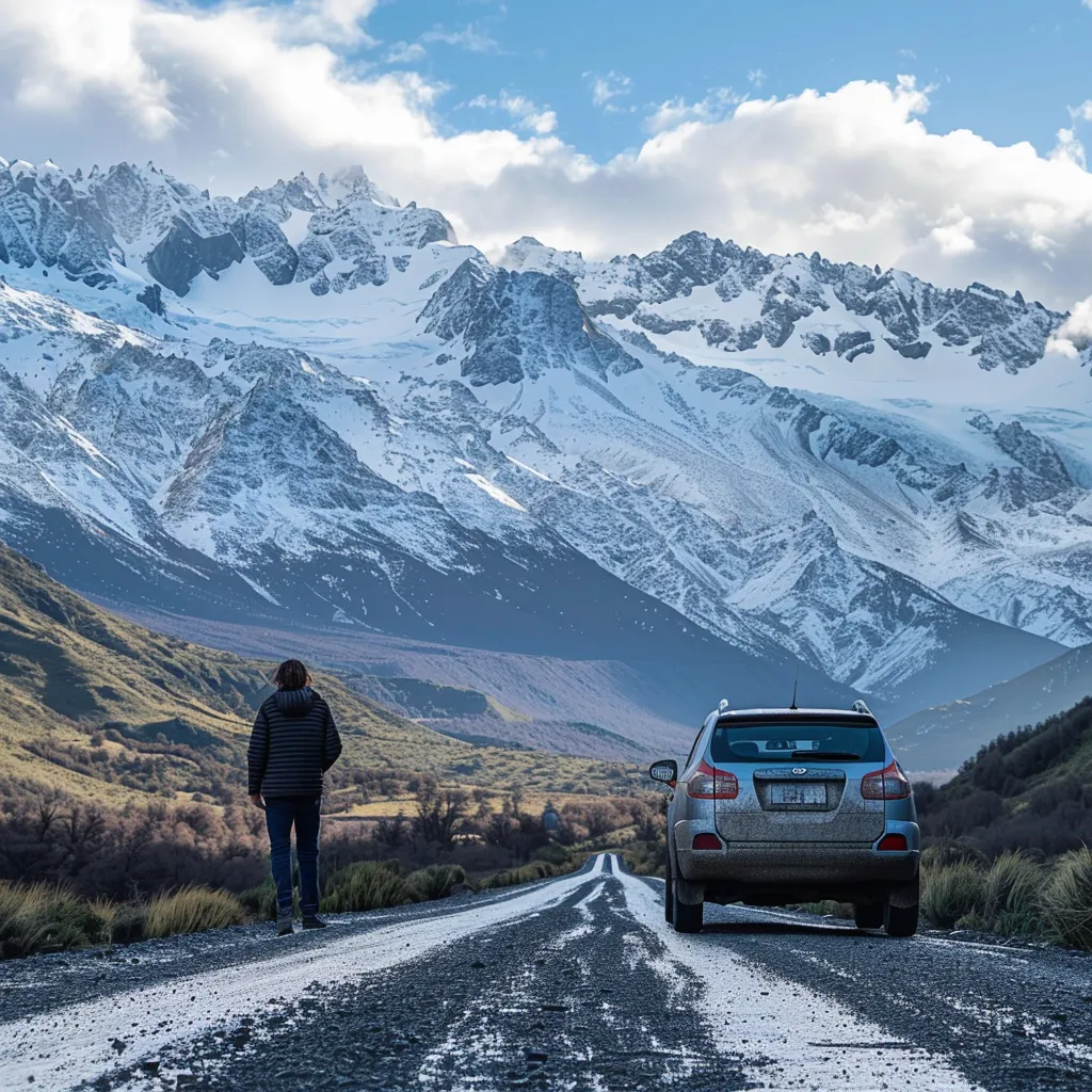 um viajante contemplativo ao lado de um carro alugado em uma estrada cênica de montanha no chile, com os majestosos andes ao fundo e um mapa aberto que reflete a busca por novas aventuras.