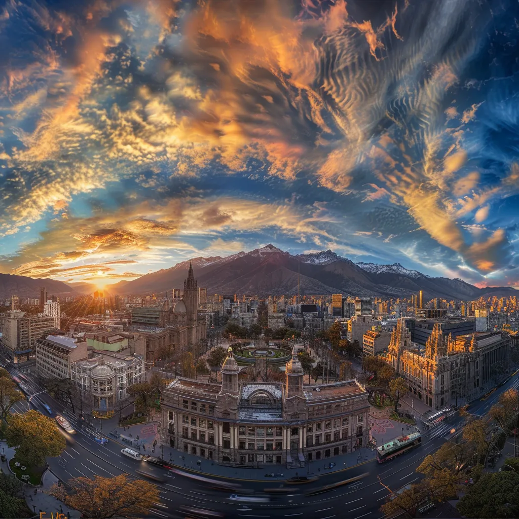 uma vista panorâmica vibrante de santiago, chile, destacando o cerro san cristóbal e a plaza de armas sob uma iluminação natural brilhante, com os imponentes andes ao fundo, capturando a essência da cidade e suas ricas cores.