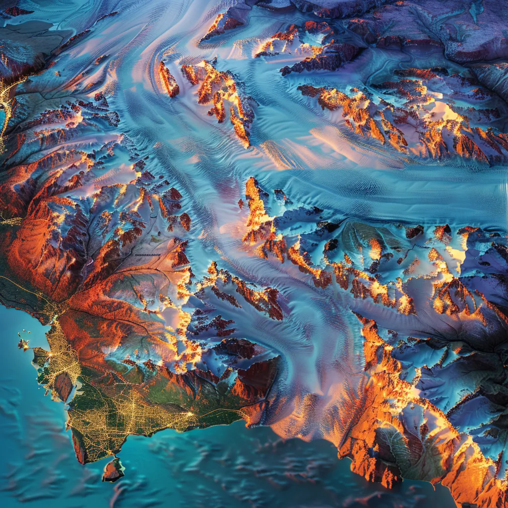 um mapa detalhado e vibrante da patagônia, com destaque para as regiões chilena e argentina, exibindo as majestosas montanhas dos andes, glaciares impressionantes e cidades icônicas sob uma luz suave durante o crepúsculo.