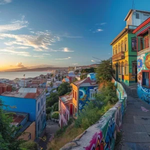 um panorama vibrante de valparaíso, chile, destacando suas colinas coloridas e arquitetura distinta, repleto de casas pintadas em tons vivos e arte de rua, com o oceano ao fundo, iluminado pela suave luz do pôr do sol que cria uma atmosfera calorosa e acolhedora.