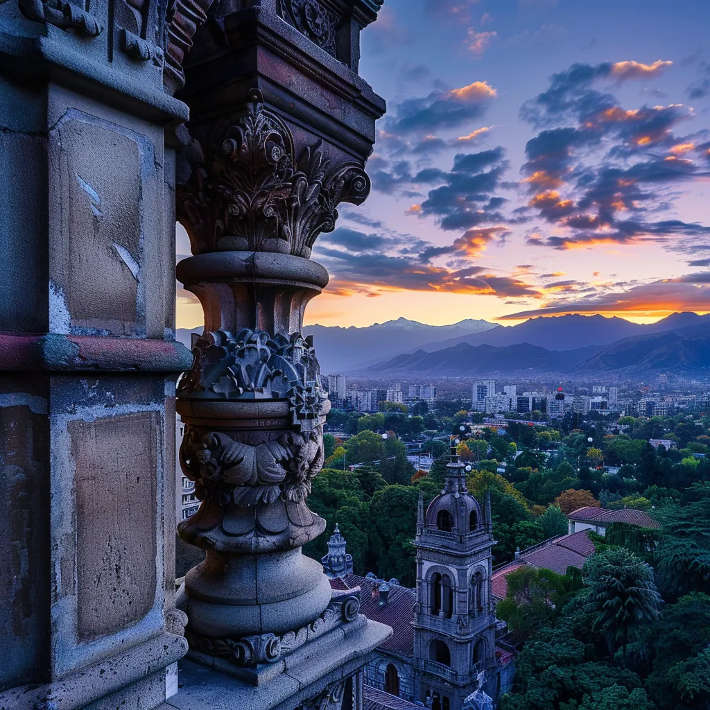 uma vista deslumbrante de santiago, chile, capturando o cerro san cristóbal e a plaza de armas com os majestosos andes ao fundo, iluminada por uma luz natural vibrante que realça as cores ricas e os detalhes arquitetônicos da cidade.