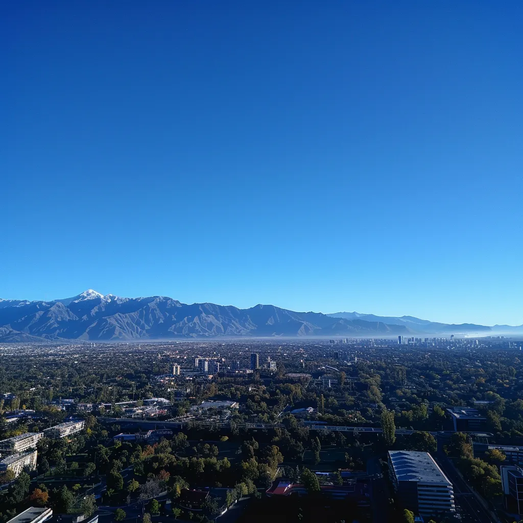 uma vista aérea deslumbrante de santiago, chile, com as imponentes montanhas dos andes ao fundo sob um céu azul claro e ensolarado, evocando uma sensação de aventura e exploração na tranquila porção urbana da cidade.