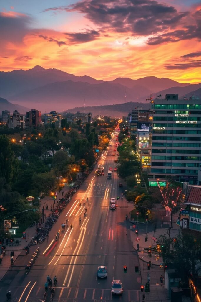 uma vibrante paisagem urbana de santiago ao entardecer, destacando ciclistas explorando a cidade, com montanhas ao fundo e galerias de arte iluminadas, capturando a diversidade de experiências e a beleza da capital chilena.