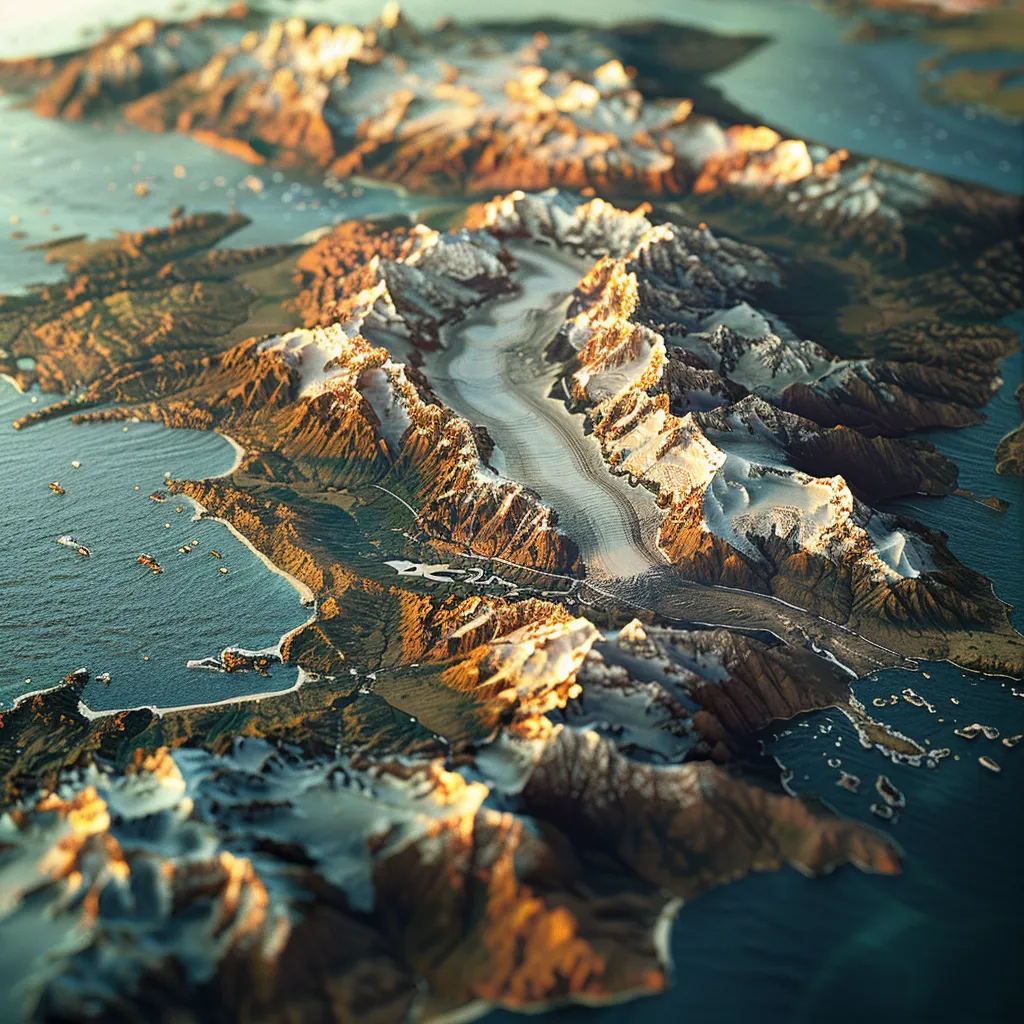 um mapa detalhado de alta qualidade, destacando a beleza evocativa da patagônia com as majestosas montanhas dos andes e glaciares impressionantes, claramente rotulado com as regiões chilena e argentina, incluindo cidades e destinos turísticos notáveis.