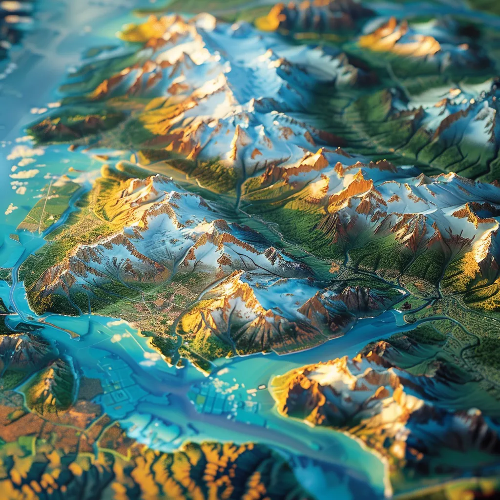 um mapa detalhado e vibrante da patagônia, destacando os andes majestosos, glaciais impressionantes e as principais cidades e destinos turísticos tanto do chile quanto da argentina, sob uma iluminação suave que realça a beleza geográfica da região.