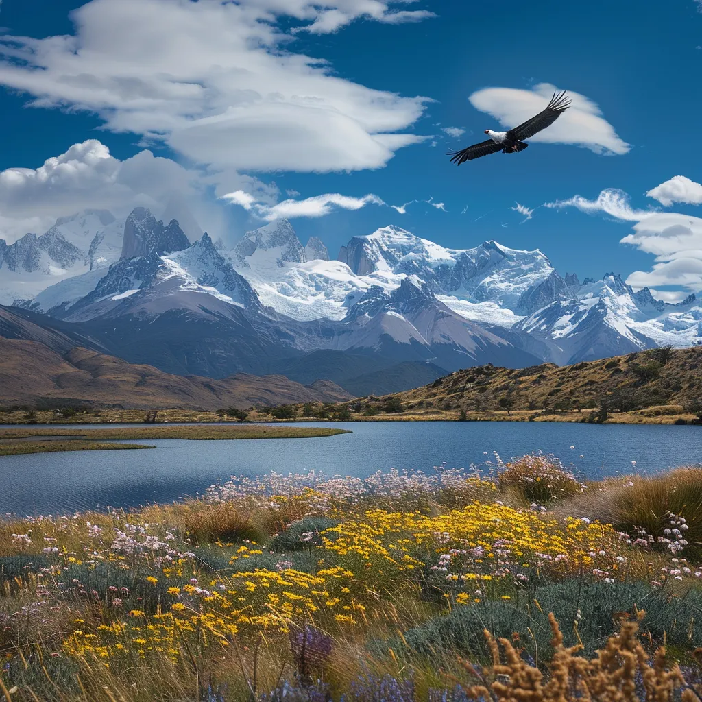 uma paisagem impressionante da patagônia, argentina, revela montanhas cobertas de neve, lagos cristalinos e vastas pradarias sob um céu azul vibrante, enquanto um condor majestoso plana sobre o horizonte, simbolizando a rica biodiversidade da região.