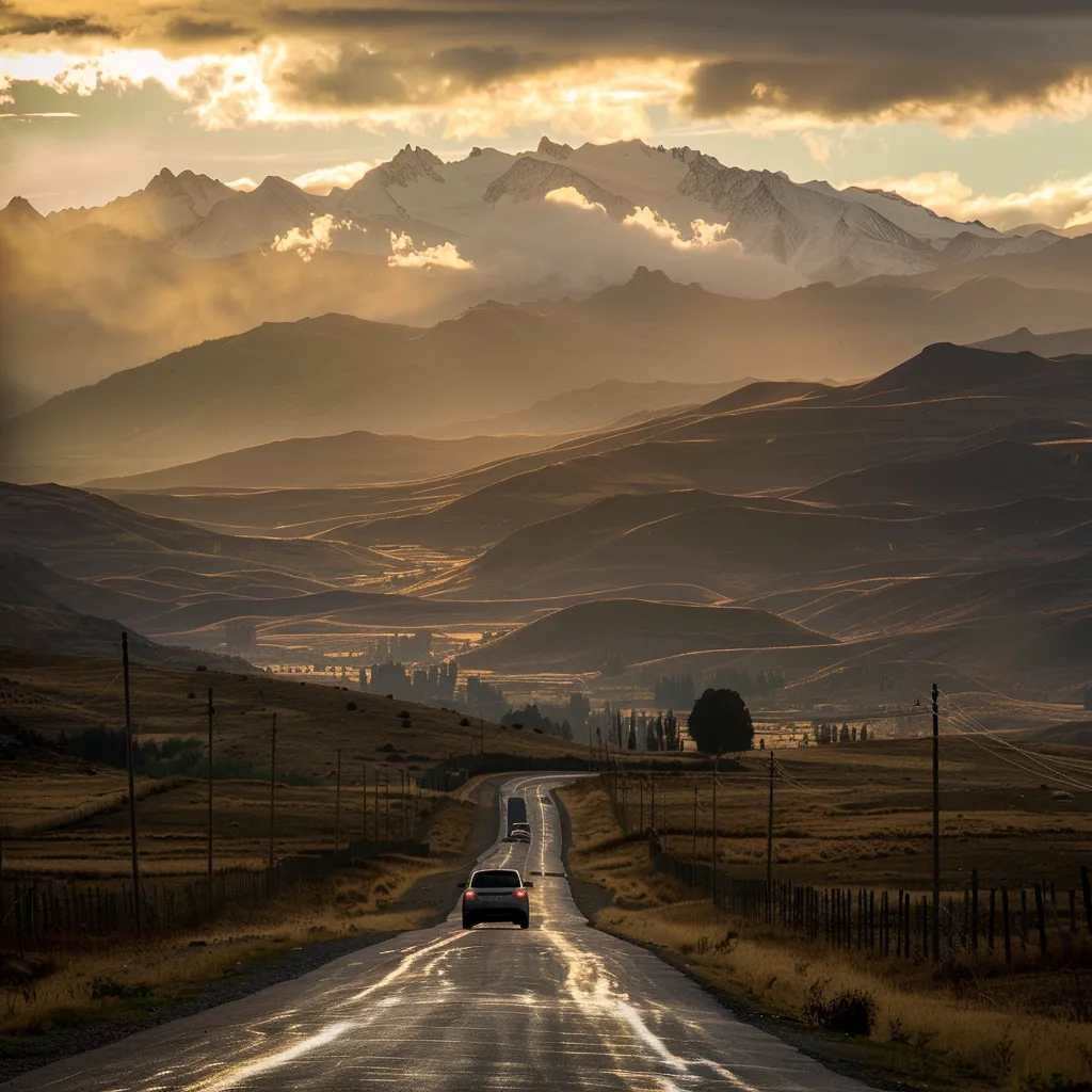 um viajante contemplativo ao lado de um carro alugado em uma estrada montanhosa bem pavimentada, com a majestosa vista dos andes ao fundo sob a luz do sol.