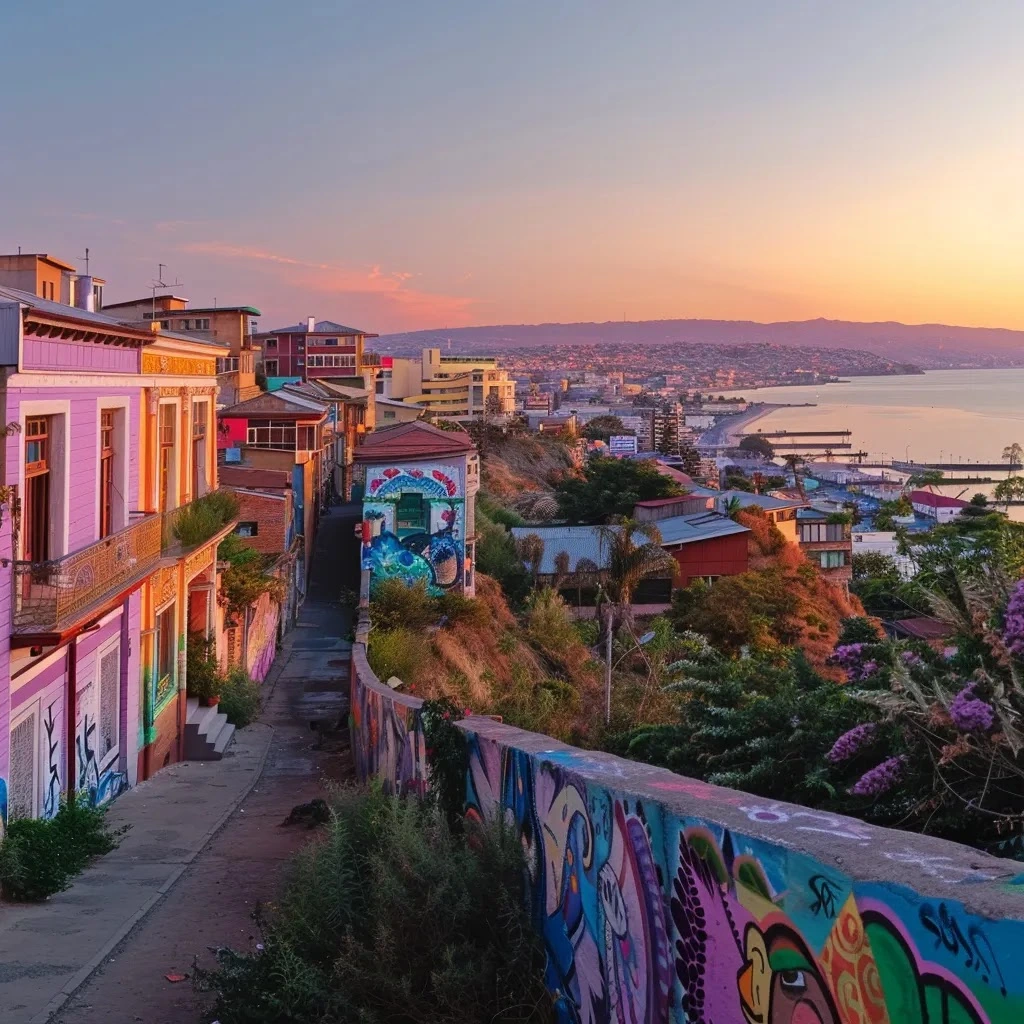 uma vista panorâmica vibrante de valparaíso, chile, onde colinas coloridas e arquitetura distinta se entrelaçam sob uma luz suave de pôr do sol, destacando casas pintadas de forma vibrante e murais artísticos, enquanto o oceano sereno se estende ao fundo.