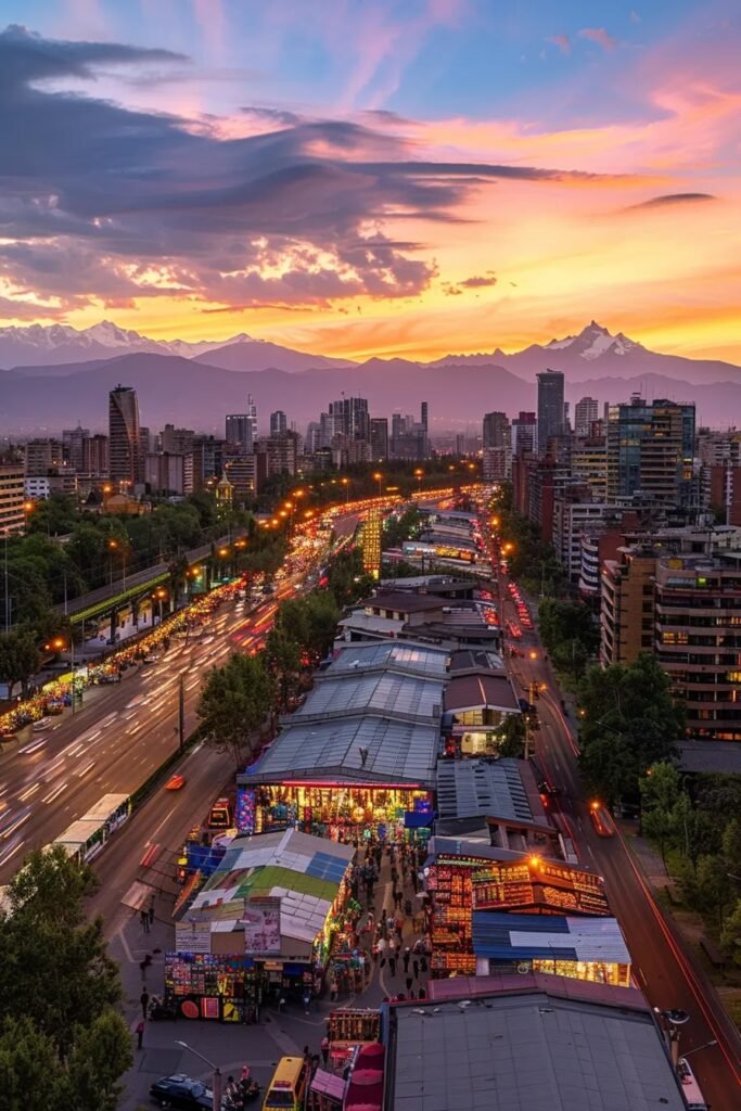 uma vista panorâmica vibrante de santiago, destacando um moderno shopping center ao lado de uma feira de artesanato tradicional, com vendedores e produtos coloridos, sob a luz suave do entardecer andino. uma vista panorâmica vibrante de santiago, destacando um moderno shopping center ao lado de uma feira de artesanato tradicional, com vendedores e produtos coloridos, sob a luz suave do entardecer andino.