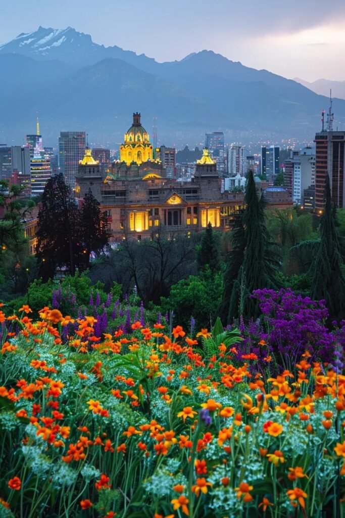 uma vista panorâmica deslumbrante de santiago, com o cerro san cristóbal ao fundo, flores coloridas da primavera em primeiro plano e o palácio de la moneda iluminado ao entardecer, capturando a rica mistura de natureza e arquitetura da cidade. uma vista panorâmica deslumbrante de santiago, com o cerro san cristóbal ao fundo, flores coloridas da primavera em primeiro plano e o palácio de la moneda iluminado ao entardecer, capturando a rica mistura de natureza e arquitetura da cidade.