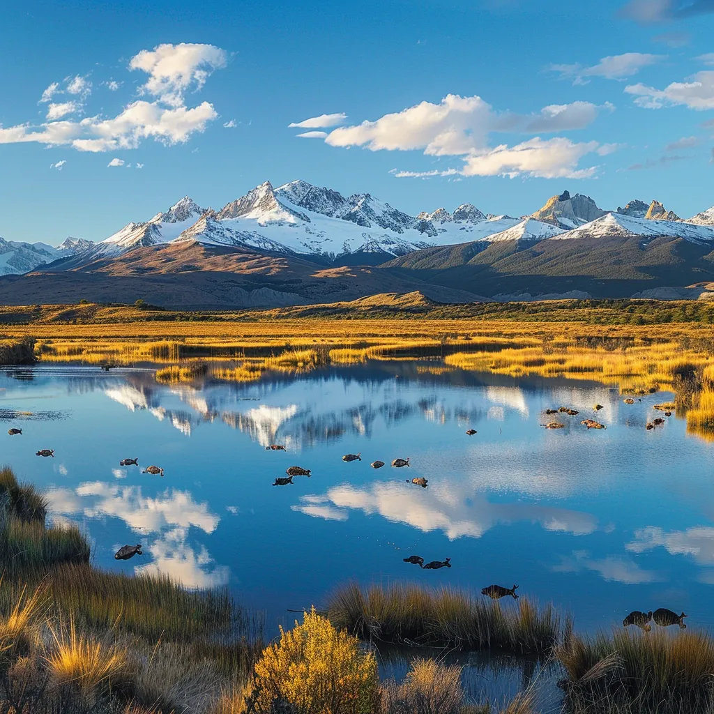 uma vasta e intocada paisagem da patagônia argentina, com montanhas cobertas de neve se erguendo majestosas ao fundo, lagos cristalinos refletindo o céu azul e extensas pradarias, onde guanacos pastam serenamente sob a luz dourada do sol poente.