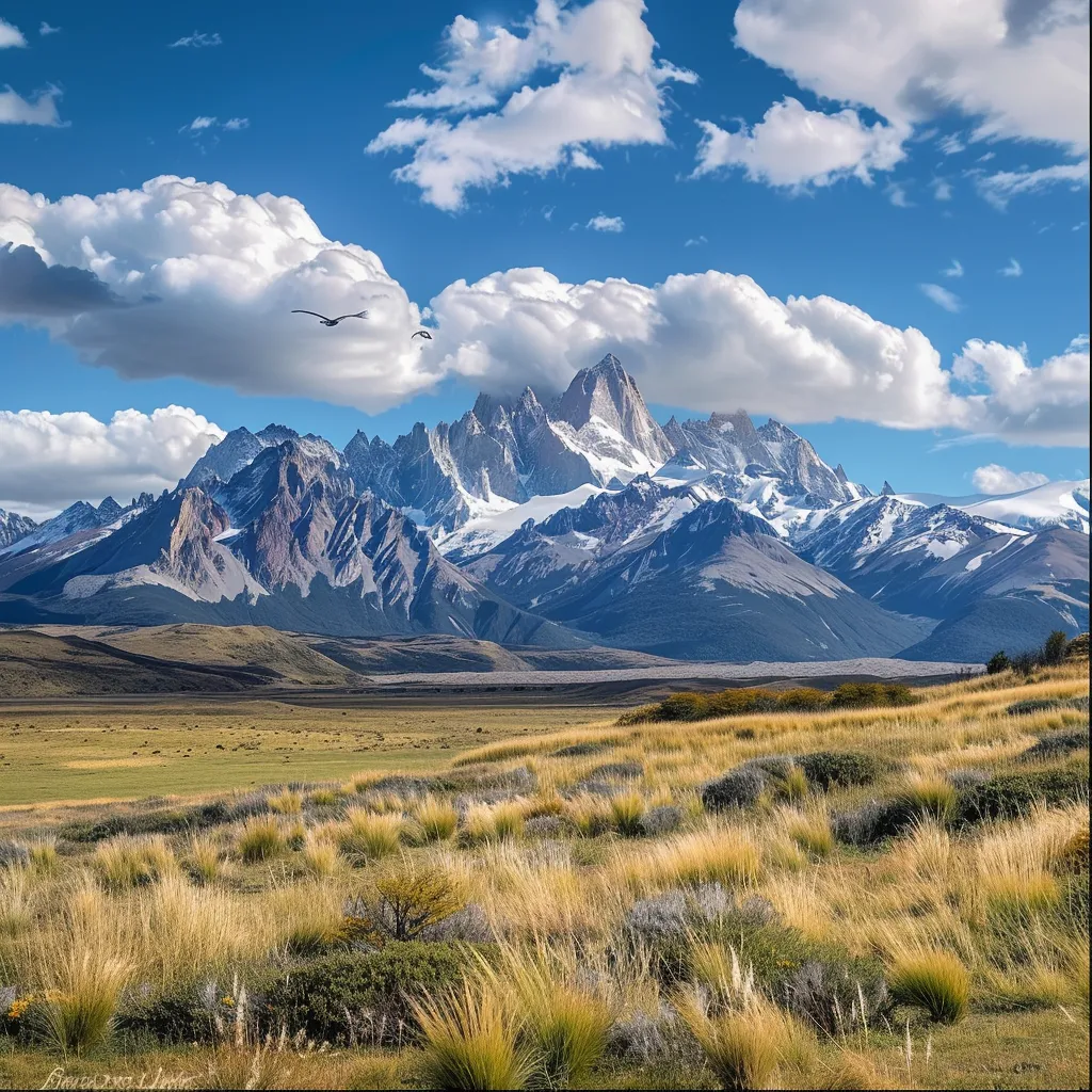 um vasto e deslumbrante panorama da patagônia argentina, revelando montanhas cobertas de neve, lagos cristalinos e amplas pradarias sob um céu radiante, onde a tranquilidade da natureza é acentuada pela presença de glaciares e a majestade de condores planando ao fundo.