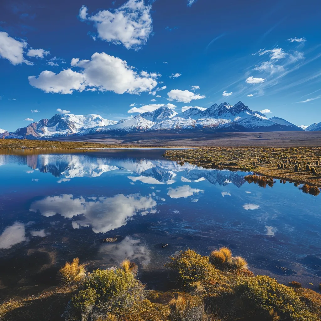 uma paisagem deslumbrante da patagônia argentina, com montanhas cobertas de neve refletindo em lagos cristalinos sob um céu azul vibrante, enquanto guanacos pastam tranquilamente em vastas pradarias.