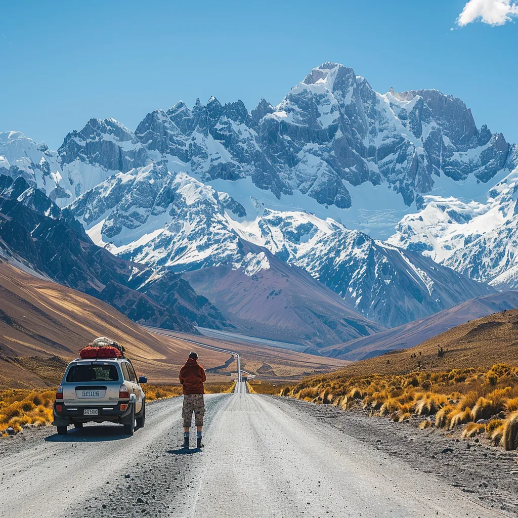 um viajante contemplativo ao lado de um carro alugado em uma estrada montanhosa bem pavimentada, com a majestosa cadeia dos andes ao fundo e um céu azul claro iluminando a cena.