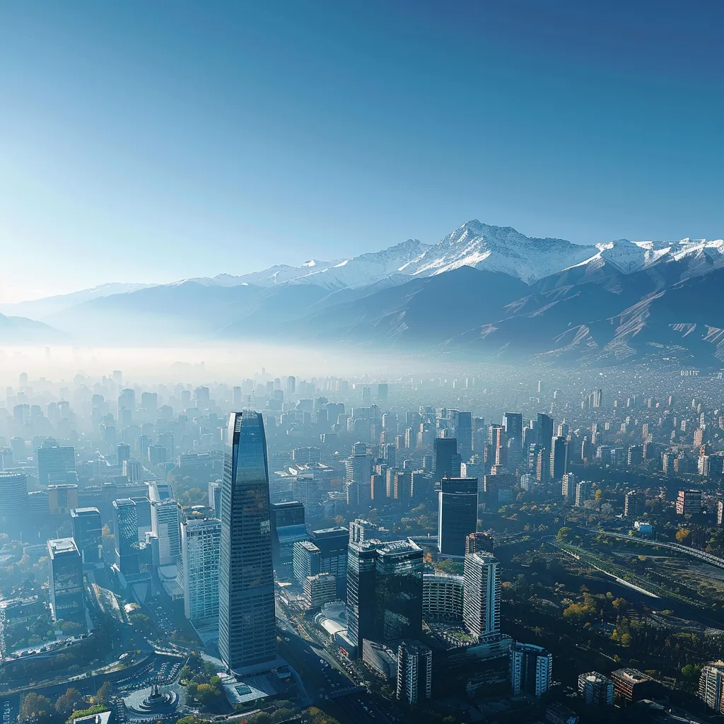 uma vista aérea impressionante de santiago, chile, destacando os majestosos andes ao fundo sob um céu claro e ensolarado, capturando a essência de uma aventura tranquila na cidade.