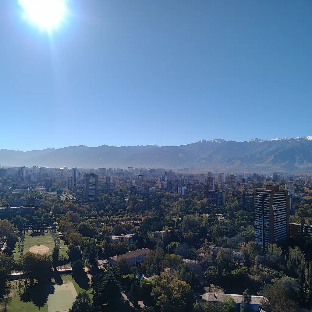 uma vista aérea deslumbrante de santiago, chile, destacando as majestosas montanhas dos andes ao fundo e o horizonte urbano sob um céu límpido e ensolarado, evoca a sensação de aventura e descoberta em um dia tranquilo.