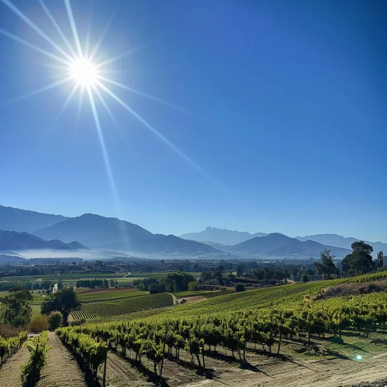 um céu límpido e ensolarado sobre santiago do chile em março, realçando a beleza das vinícolas e a paisagem montanhosa, ideal para momentos de lazer ao ar livre.