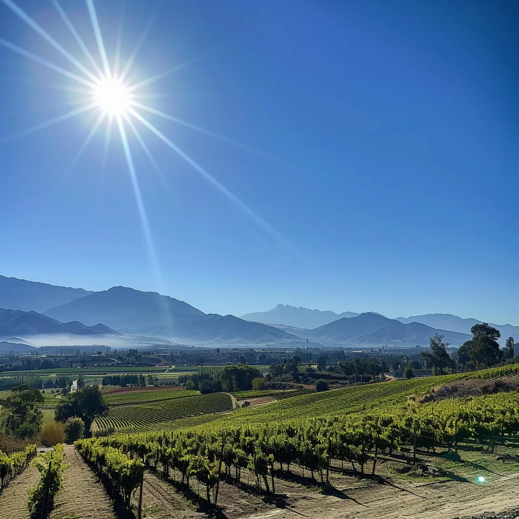 um céu límpido e ensolarado sobre santiago do chile em março, realçando a beleza das vinícolas e a paisagem montanhosa, ideal para momentos de lazer ao ar livre.