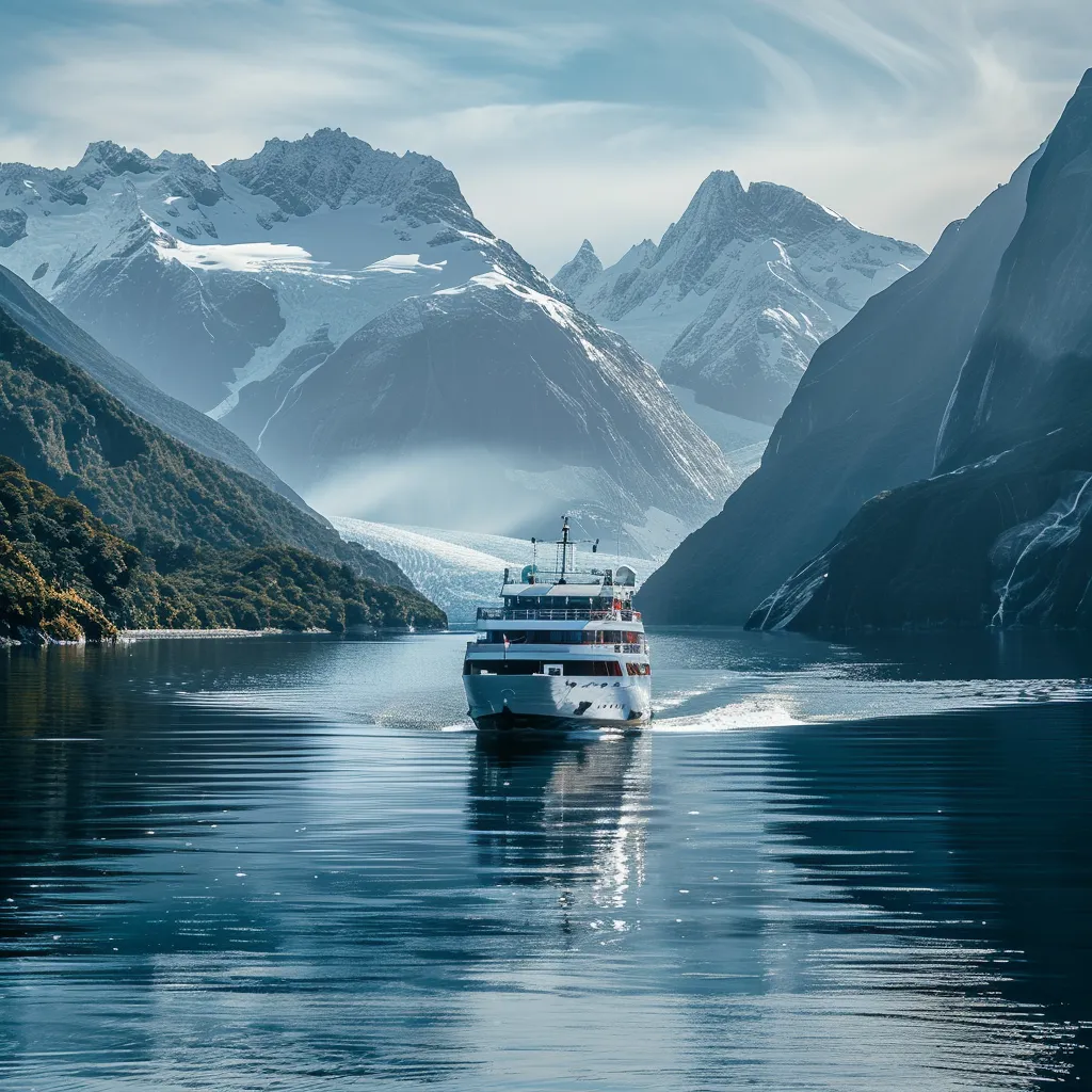 um magnífico navio de cruzeiro desliza suavemente pelas águas cristalinas da patagônia chilena, cercado por majestosas montanhas e impressionantes geleiras sob uma luz suave e natural.