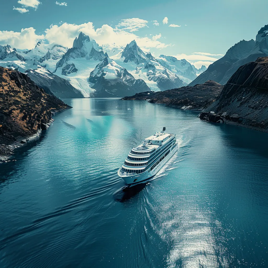um majestoso navio de cruzeiro navega através das deslumbrantes paisagens da patagônia chilena, cercado por glaciares imponentes, montanhas dramáticas e águas cristalinas sob uma iluminação suave e natural.