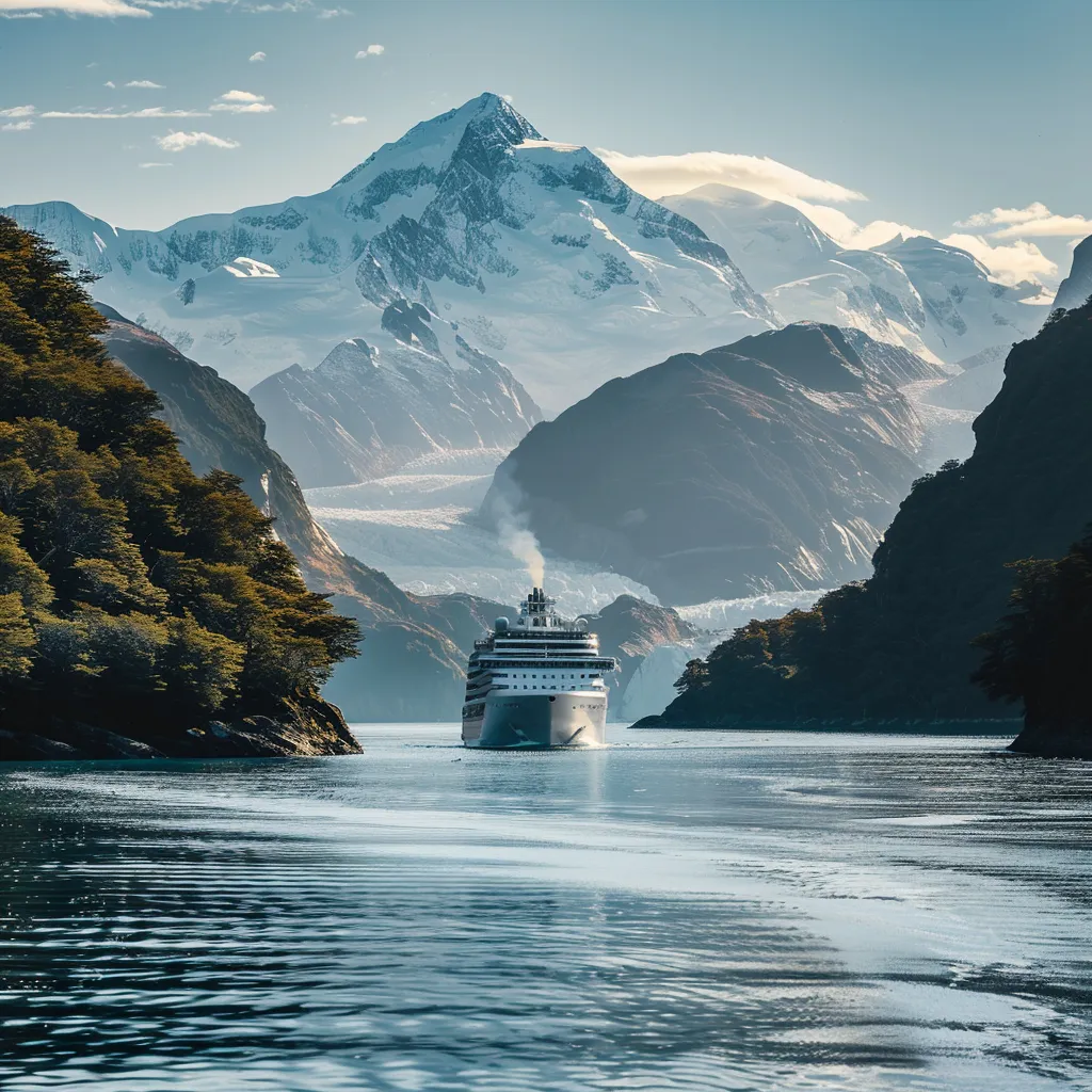 um majestoso navio de cruzeiro navega por águas cristalinas, à frente de exuberantes montanhas cobertas de glaciares sob uma luz suave e natural, revelando a impressionante beleza da patagônia chilena.