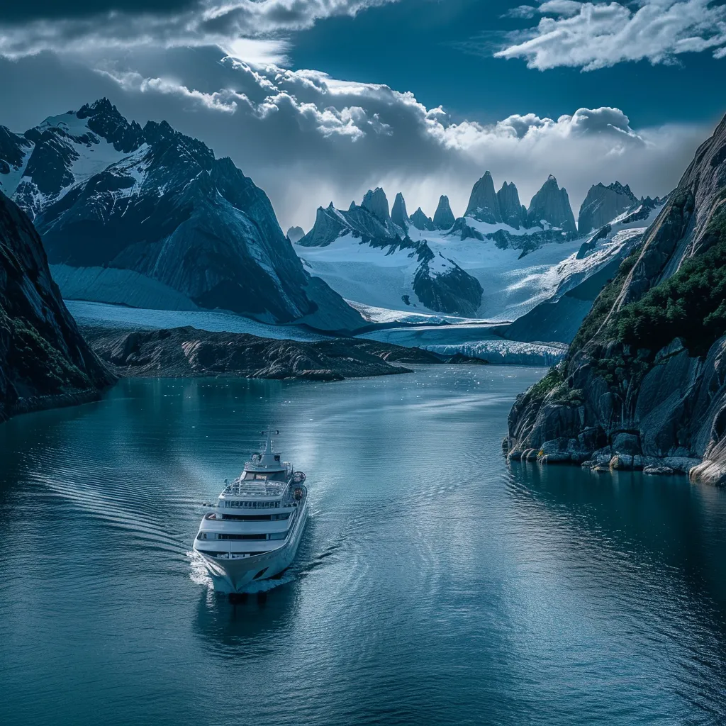 um majestoso navio de cruzeiro navega por águas cristalinas em meio às deslumbrantes paisagens da patagônia chilena, com glaciares imponentes e montanhas ao fundo, iluminados por uma suave luz natural.