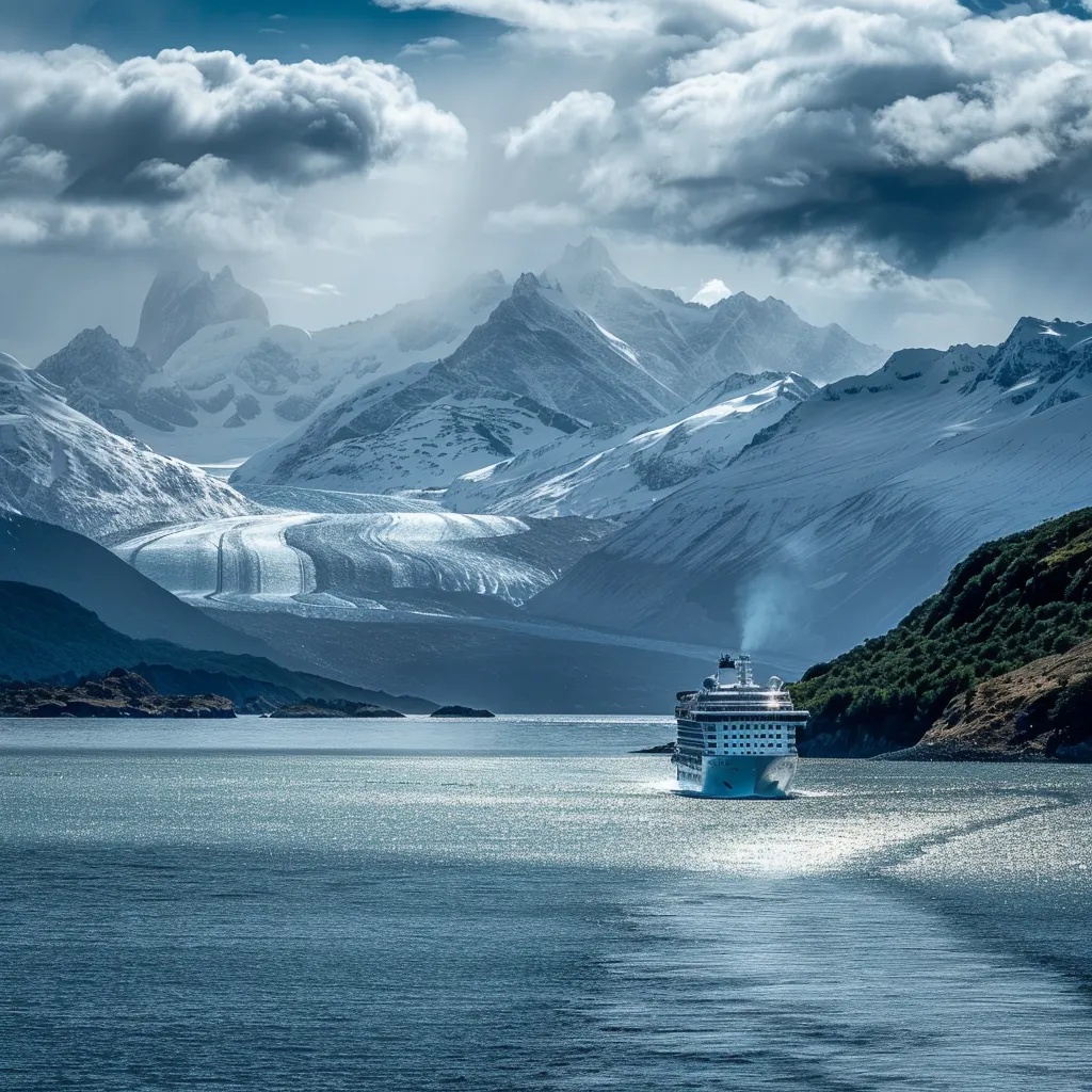 um navio de cruzeiro majestoso navega através das deslumbrantes paisagens da patagônia chilena, revelando glaciares imponentes, montanhas majestosas e águas cristalinas sob uma luz suave e natural.