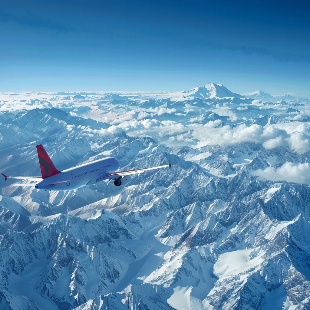 um moderno avião comercial voa em alta altitude sobre as majestosas montanhas andes, atravessando um céu azul claro pontuado por nuvens suaves, enquanto abaixo se estendem picos cobertos de neve e vales profundos.