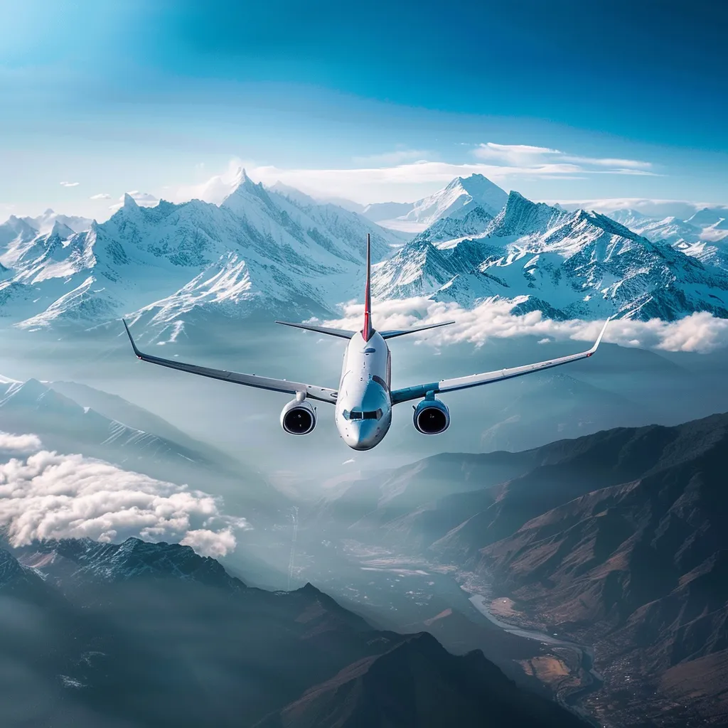um avião comercial moderno voa em altitude sobre as majestosas e nevadas montanhas andes, iluminado por um céu azul claro e salpicado de nuvens suaves, simbolizando a jornada de são paulo a santiago.
