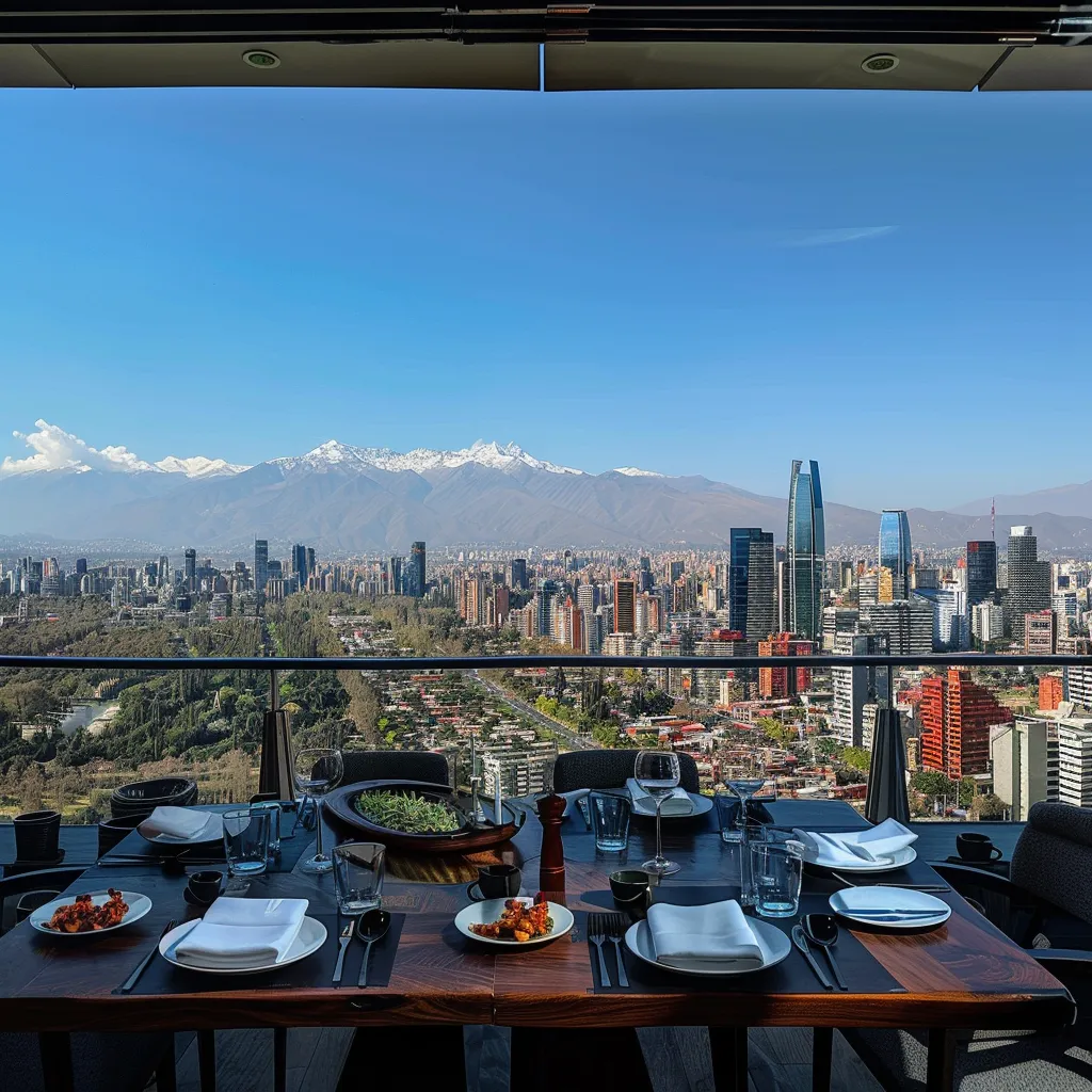 uma vista panorâmica de santiago em março, com o céu azul vibrante iluminando a cidade, destacando os icônicos andes ao fundo e mesas de restaurantes ao ar livre repletas de pratos da rica gastronomia local.