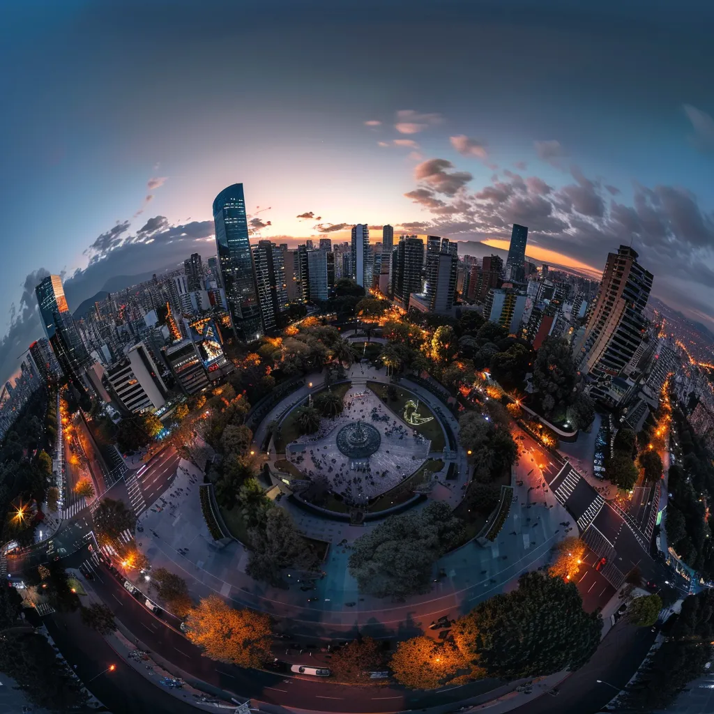 uma vista panorâmica do vibrante centro de santiago, com pontos turísticos icônicos iluminados ao entardecer, destacando a segurança e a organização dos passeios turísticos.