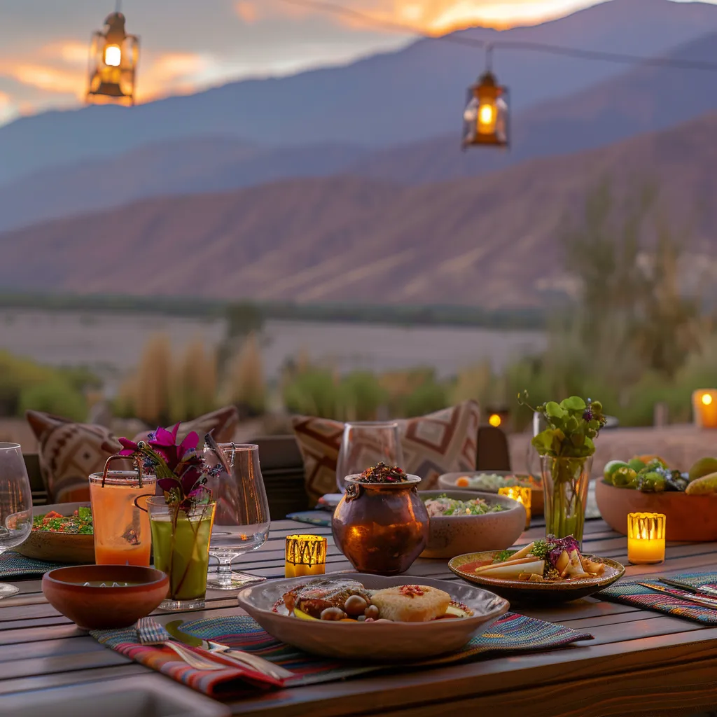 uma mesa ricamente decorada com pratos coloridos da gastronomia chilena, rodeada pela beleza natural do deserto de maipo, sob a luz suave do crepúsculo de março.