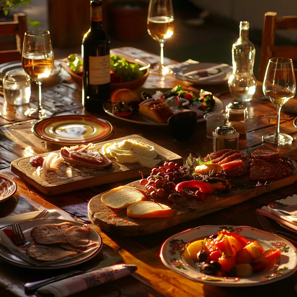 uma mesa ricamente posta com pratos vibrantes da culinária típica da patagônia chilena, destacando ingredientes frescos e vinhos locais sob a luz suave do pôr do sol, criando uma atmosfera aconchegante e convidativa.