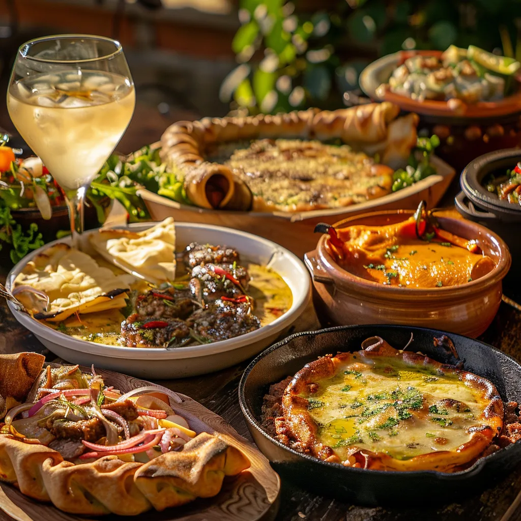 uma mesa rústica e charmosa repleta de pratos típicos chilenos, como um completo exuberante e uma empanada dourada, com uma taça de pisco ao lado, iluminada por uma suave luz natural que destaca as cores vibrantes da culinária local.