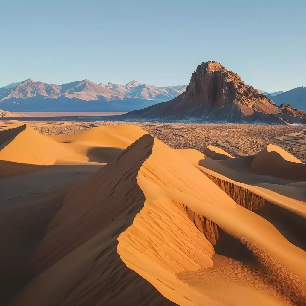 uma paisagem impressionante do deserto do atacama ao amanhecer, com dunas douradas iluminadas por uma luz suave, destacando a vastidão e beleza do local, enquanto imponentes formações rochosas surgem ao fundo sob um céu azul límpido.