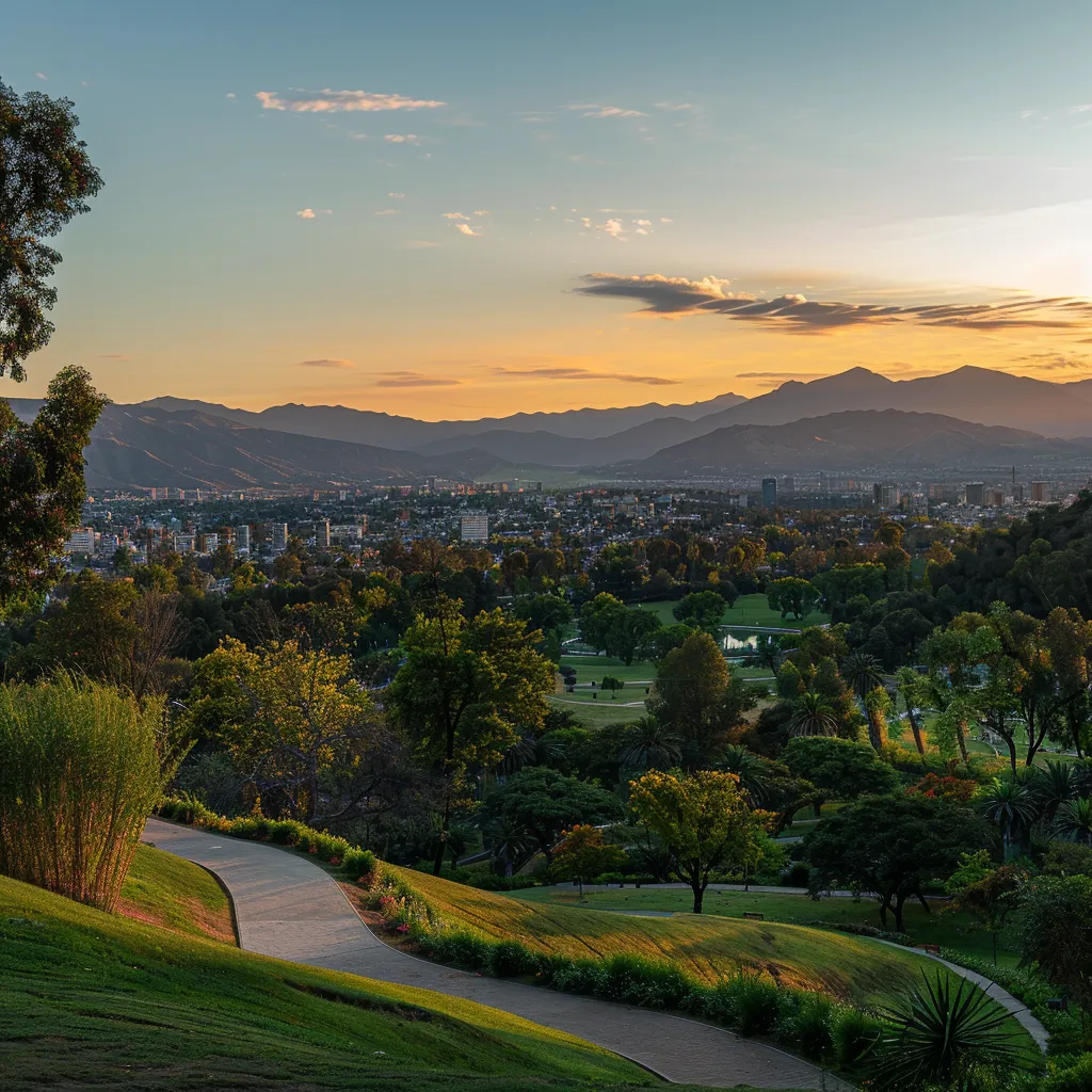 uma vista panorâmica deslumbrante do cerro san cristóbal ao pôr do sol, refletindo a beleza natural de santiago, com o parque vibrante em primeiro plano e as montanhas imponentes ao fundo.