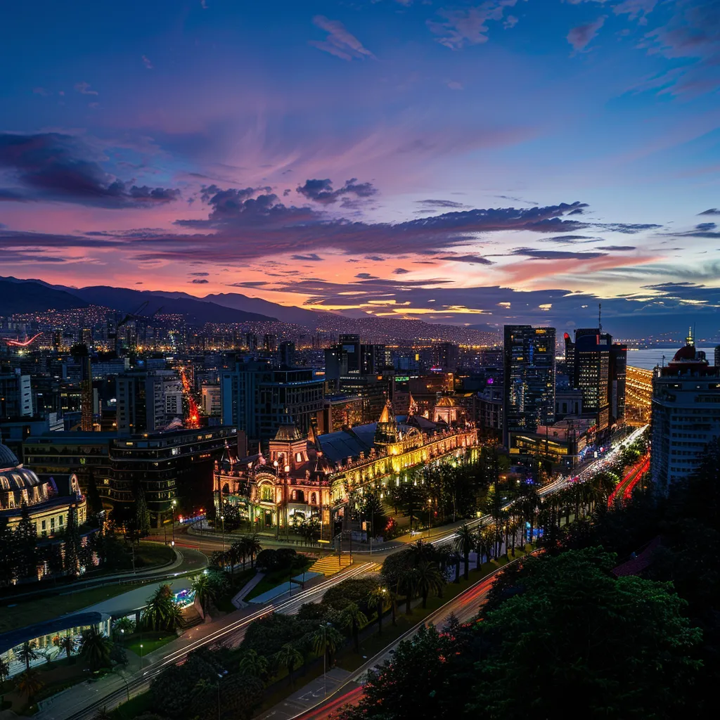 uma vista panorâmica deslumbrante de santiago com o palácio de la moneda ao fundo, sob um céu azul vibrante, enquanto a costa chilena reflete as cores quentes do pôr do sol em valparaíso e viña del mar.