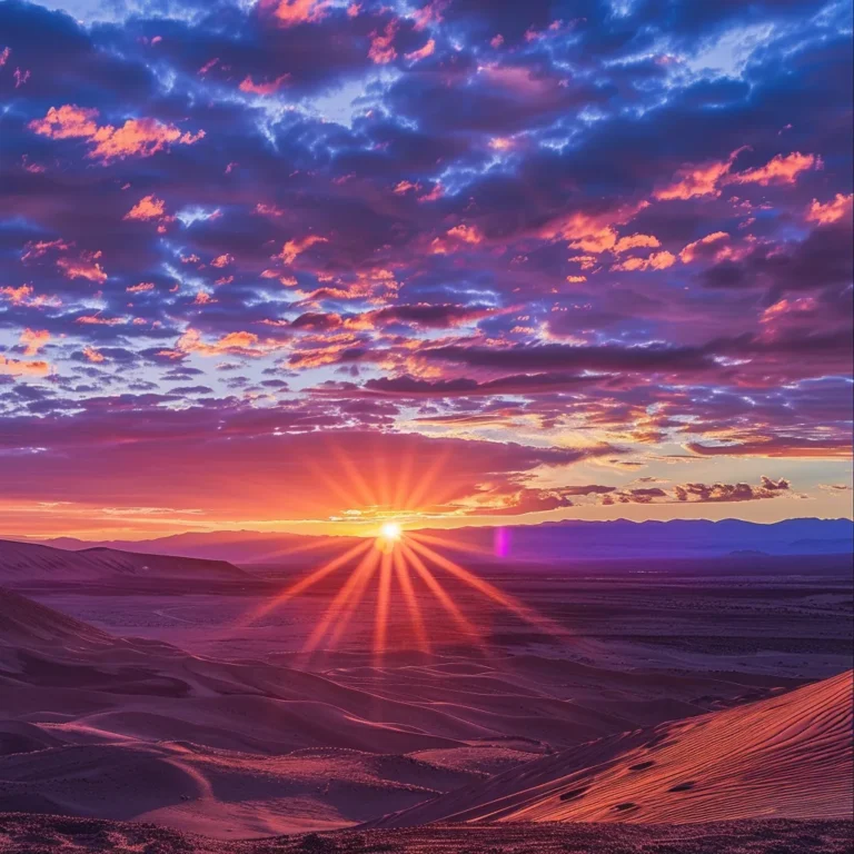 um deslumbrante pôr do sol sobre as dunas do deserto do atacama, com suas cores vibrantes contrastando com a aridez da paisagem, capturando a essência da exploração e da beleza natural deste destino único.