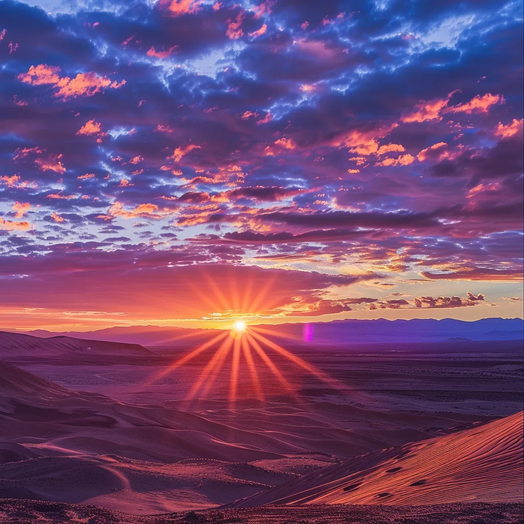 um deslumbrante pôr do sol sobre as dunas do deserto do atacama, com suas cores vibrantes contrastando com a aridez da paisagem, capturando a essência da exploração e da beleza natural deste destino único.