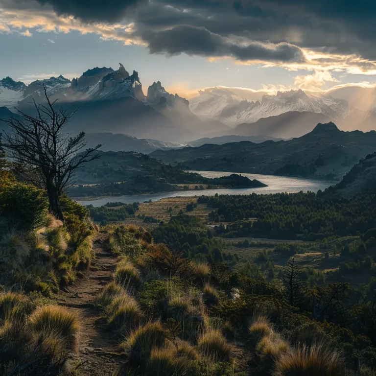 uma vista deslumbrante da patagônia, com trilhas desafiadoras cercadas por montanhas majestosas, levando ao oceano pacífico sob a luz suave da primavera.