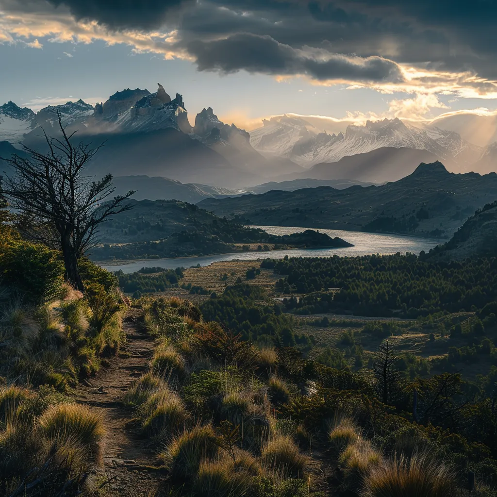 uma vista deslumbrante da patagônia, com trilhas desafiadoras cercadas por montanhas majestosas, levando ao oceano pacífico sob a luz suave da primavera.