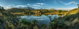 uma vista deslumbrante do parque nacional torres del paine, com montanhas majestosas de fundo, lagos cristalinos refletindo a luz suave do amanhecer, e a vegetação vibrante ao redor, capturando a essência natural e exuberante do chile.