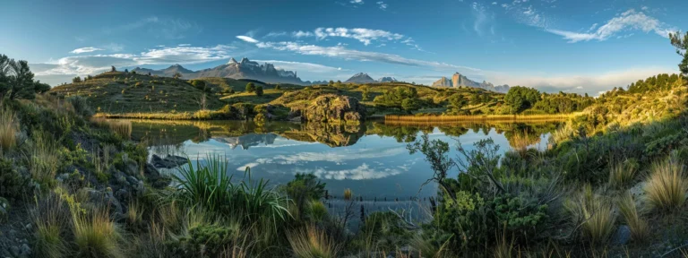 uma vista deslumbrante do parque nacional torres del paine, com montanhas majestosas de fundo, lagos cristalinos refletindo a luz suave do amanhecer, e a vegetação vibrante ao redor, capturando a essência natural e exuberante do chile.