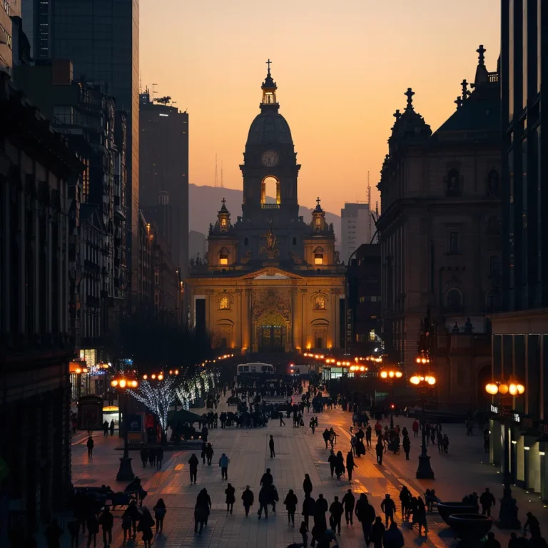 uma vista impressionante da plaza de armas em santiago, destacando a majestosa catedral metropolitana em segundo plano sob uma luz dourada ao entardecer, enquanto visitantes admiram a rica arquitetura e a atmosfera vibrante do local.