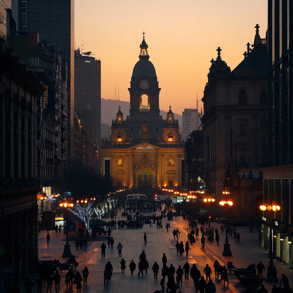 uma vista impressionante da plaza de armas em santiago, destacando a majestosa catedral metropolitana em segundo plano sob uma luz dourada ao entardecer, enquanto visitantes admiram a rica arquitetura e a atmosfera vibrante do local.