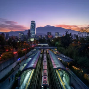 uma vista panorâmica e vibrante do metrô de santiago com destaque para a modernidade das estações, cercada por elementos icônicos como o cerro san cristóbal ao fundo, sob a luz suave do entardecer.